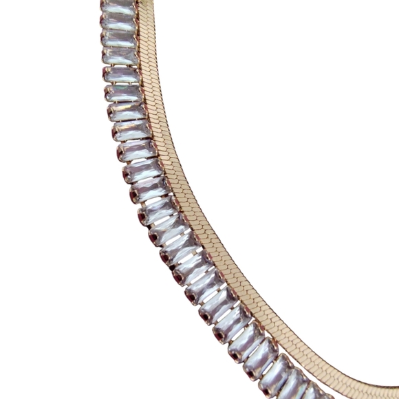 Elegant Gold Plated Double Chain Necklace with Sparkling Baguette Crystals - Picture 5 of 8